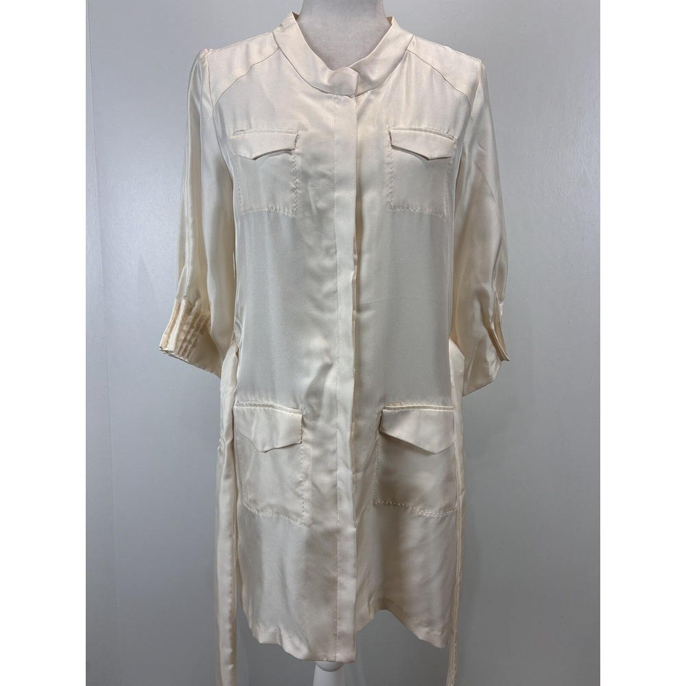 Eva Khurshid 100% Silk Shift Dress Sz 10 Women's Ivory Belt Pockets READ